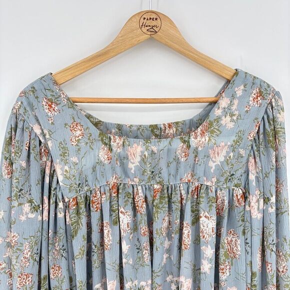 Altar'd State Blue Floral Long Balloon Sleeve Top, Sz Small, Boho Shabby Chic - Picture 2 of 11